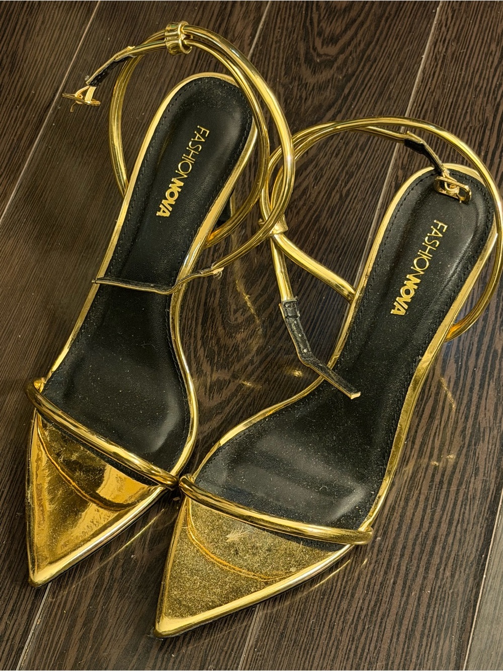 Fashion Nova Gold Pointed Toe Ankle Strap Heels - Picture 2 of 3